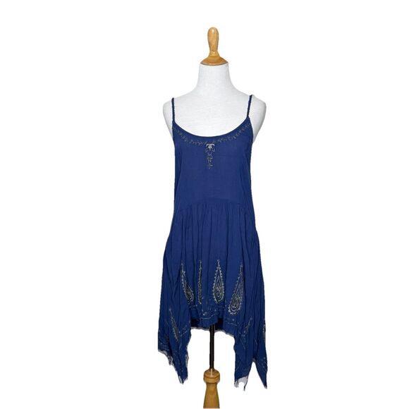 Intimately Free People Blue Meadows of Medallion Asymmetric Slip Dress Raw Hem M - Picture 1 of 7